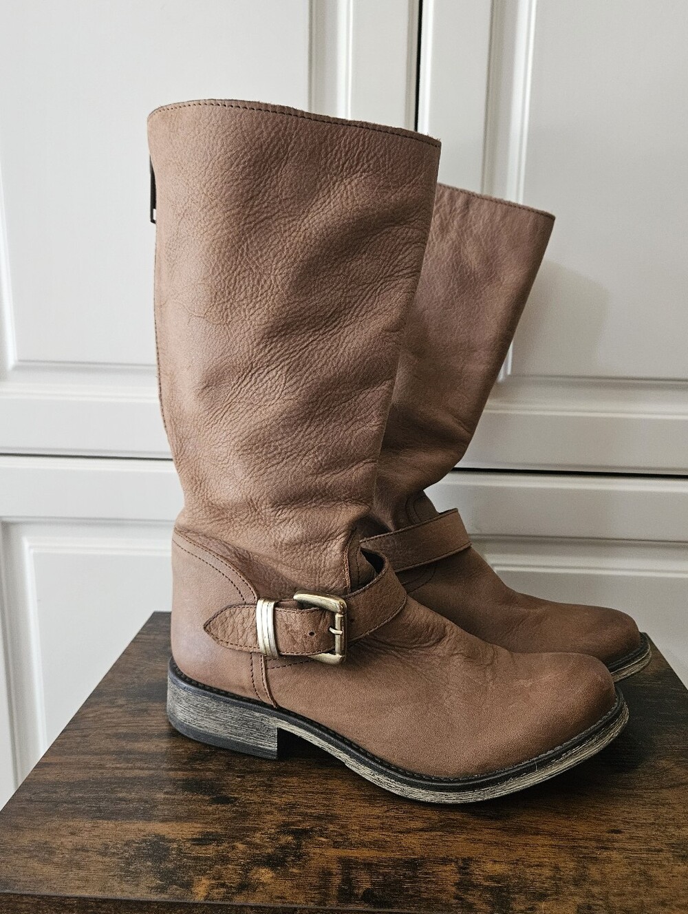 Steve Madden Tan Leather Tall Buckle Boot Boho Chic Moto Biker Casual Americana